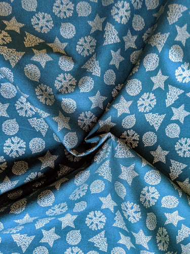 Bottle Green And Gold Cotton Fabric Christmas Snowflakes Xmas Tree Star Fabric, Festive Fabric, Holiday Fabric